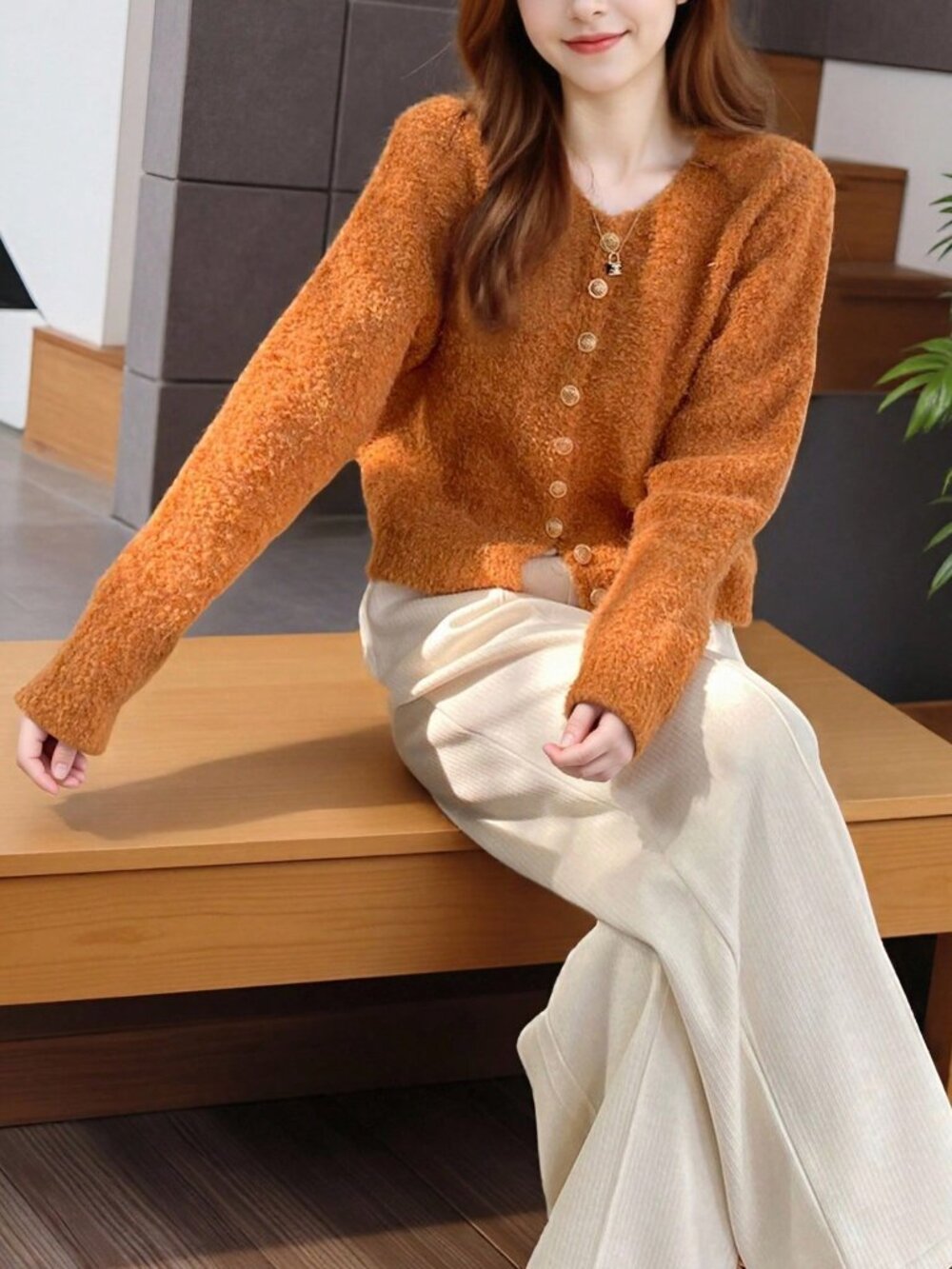 Orange Casual Women's Round Neck Cardigan